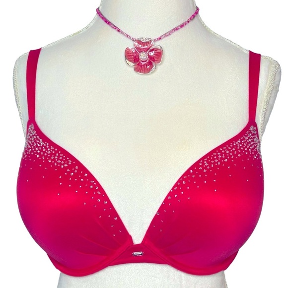 VICTORIA’S SECRET Plunge bra Fuchsia Padded Rhinestones Bling Underwire 38DD/38E - Picture 1 of 9